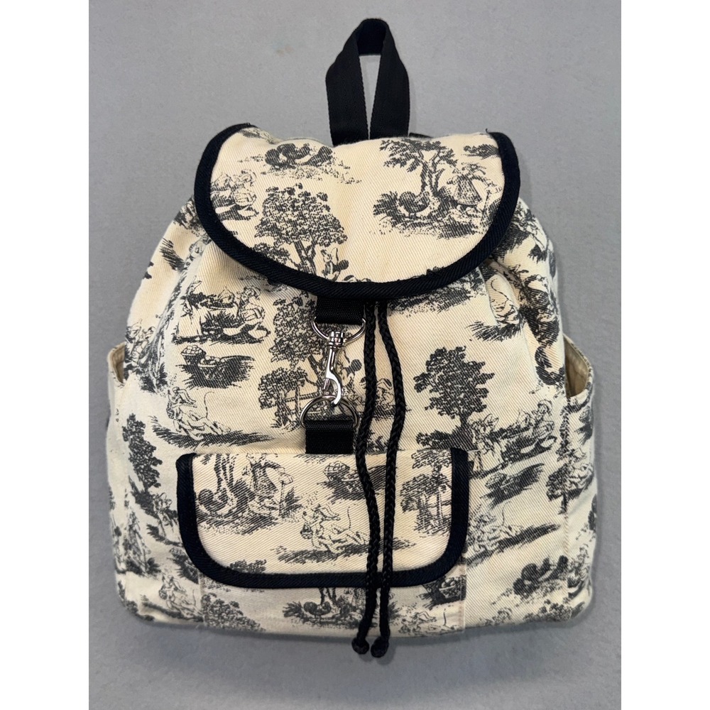 Disney Toile de Jouy Canvas Backpack Black White Pastoral Print Drawstring Bag